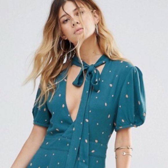 FREE PEOPLE Fit n Flare Tie Neck Boho Dress - Picture 3 of 9